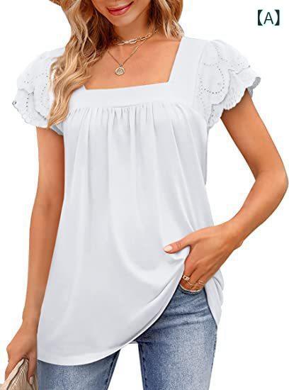 Tシャツ レディース 短袖 方領 花辺 ドット柄 切り替え デザイン 気質 通勤風 甘美 清新 スタイル 彩棉 素材 吸湿速乾 快適 白色 ブラック グリーン ピンク ブルーグリーン パープルピンク S M L XL XXL サイズ展開 春夏 シーズン
