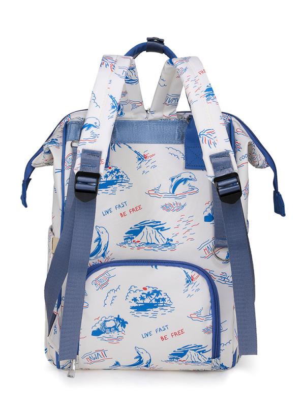 ママバッグ ショルダーバッグ リュックサック 防水 牛津布 大容量 母子外出 家用収納 フルーツ柄 プリント 車縫い ポリエステル裏地 春夏 環海日記ブルー