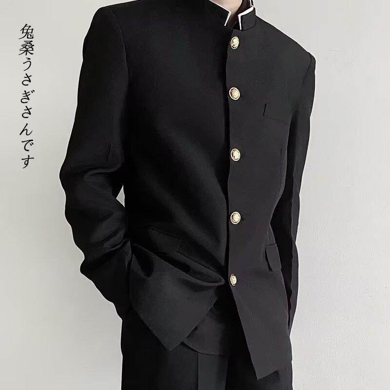 メンズ ジャケット 肩パッド付き スーツ コート 軽ビジネス スタイル ワイド フィット スタンドカラー 排扣 デザイン 長袖 ポリエステル 素材 無撚 加工 ブラック ストレート ヘム 立体 ポケット 秋冬 シーズン ゆったり シルエット クラシック
