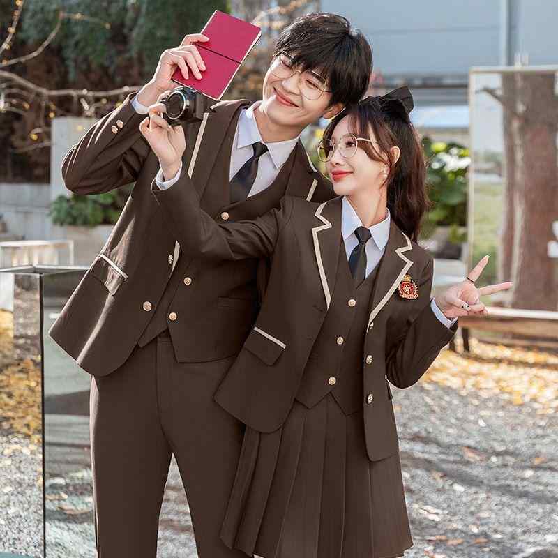 レディース メンズ 学院風 西装 セット 英倫風 校服 クラス服 幼稚園教員服 秋冬 長袖 長ズボン 百褶スカート チェック柄 スカート ブラウス ベスト 組み合わせ コットン ポリエステル ブラウン グリーン ブルー カジュアル フォーマル デシグナ