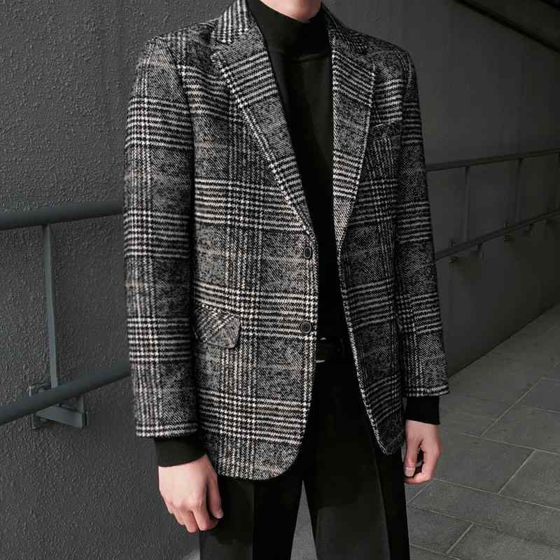 メンズ コート ジャケット トップス 男性用 ウール混 コットン 素材 グレー 格子柄 チェック柄 千鳥格 ロングコート ロングスリーブ ルーズフィット 韓国風 冬用 秋冬 暖か 軽量 直線 裾 シングルブレスト スーツ風 カジュアル ビジネスカジュアル