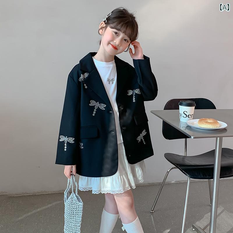 女児 コート メンズ風 上着 春秋 長袖 ブラック 化繊混紡 柔らか素材 中長丈 韓流スタイル 動物プリント スタンドカラー シングルブレスト 軽量 伸縮性 普段使い 通学 ミドルキッズ 女の子 大きめサイズ