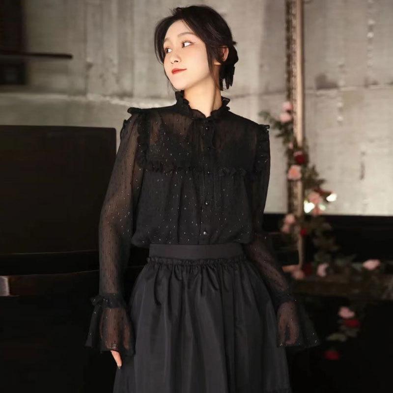 レディース シャツ トップス ブラウス 春秋 春夏 秋冬 気質 復古 宮廷風 花辺 波点 透視 純色 長袖 開衫 喇叭袖 切り替え 木耳領 単排多扣 ポリエステル 聚?繊維 ブラック 黒色 日韓 休? 通用体型 普通款 提花加工 軽量 伸縮性 通勤 普段