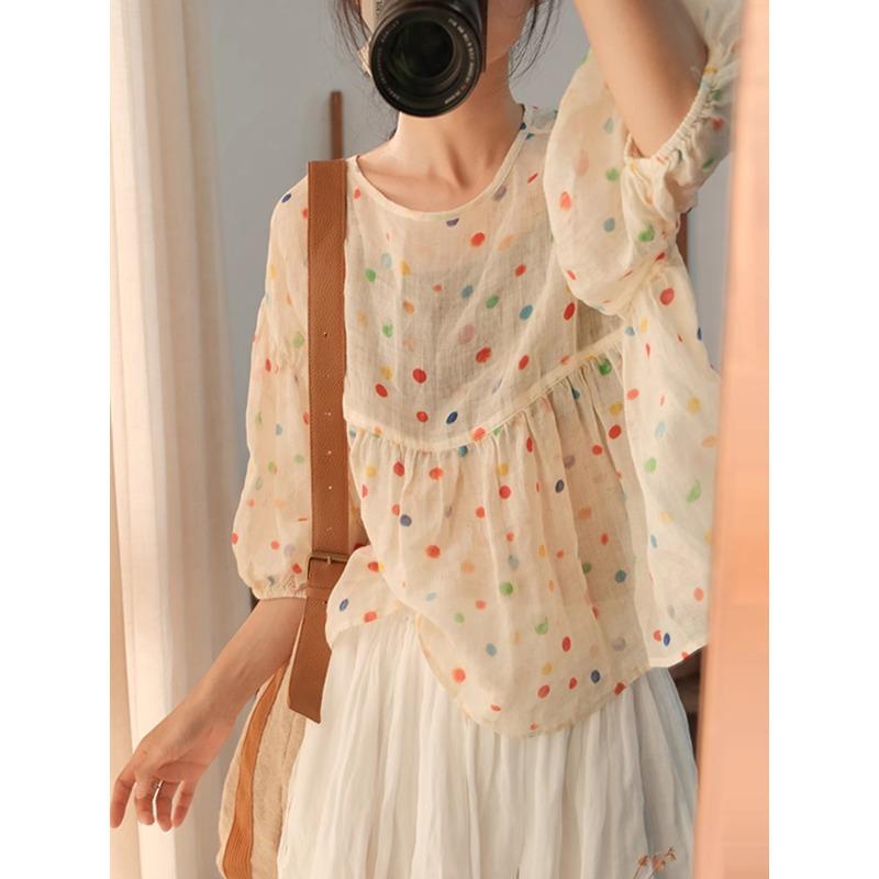 ブラウス 女性用 夏 春夏 かわいい ポルカドット 柄 ワイドシルエット ラフ スタイル ベーシック アイテム コットン 混 素材 接触冷感 吸湿速乾 機能 半袖 デザイン ラウンドネック 切り替え ディテール 普通丈 復古 風 快適 ゆったり 着こなし