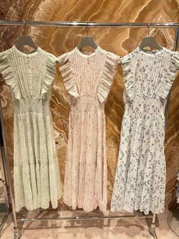 ワンピース レディース 春夏 フレア 袖 無袖 Vネック 中腰 Aライン 中長丈 プリント フラワープリント 雪? 再生繊維 軽量 透け感 ピンク ミントグリーン ブルー 清新 甘め カジュアル 普段使い｜LiLishop6