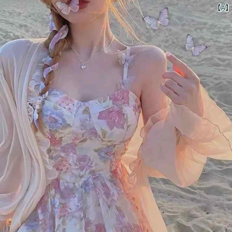 ワンピース 女性用 夏 かわいい フレンチ チュール 切り替え 吊り帯 フレア ミニドレス 防紫外線 長袖 泡泡スリーブ ラウンドネック 中腰 インナーシャツ セット 軽量 涼しい 甘め スタイル 印花 パターン ポリエステル 素材 通気性 基本 デザイ