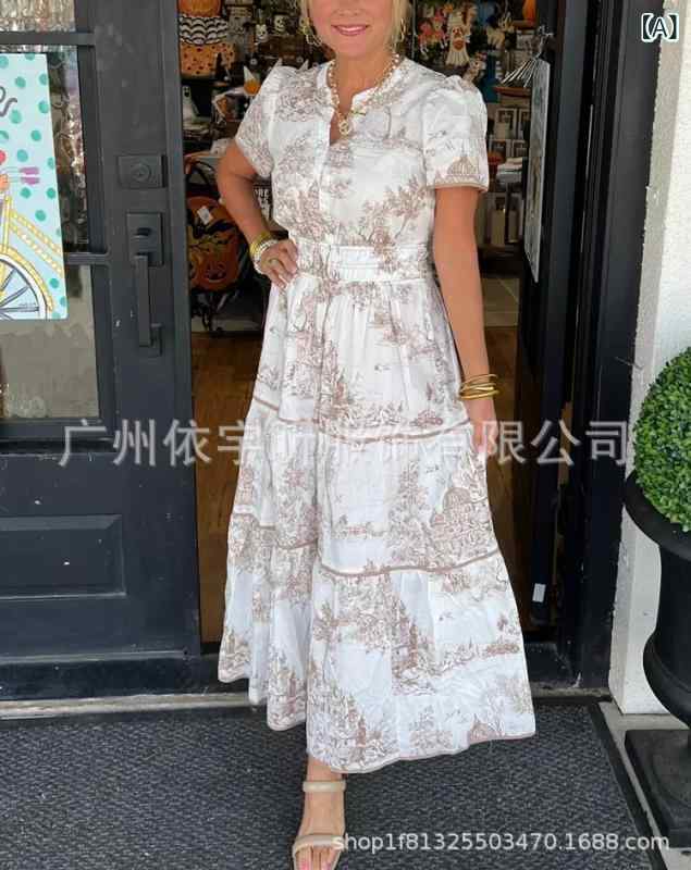 ワンピース 女性用 夏 春夏 気質 ファッション 洋気 デジタル 位置 プリント 丸首 爽やか 長め 切り替え スカート 泡泡袖 五分袖 松腰 3D 立体 パターン ポリエステル 人物柄 印花加工 浅ブラウン ライトグリーン ブラック ブルー 日韓 カジ