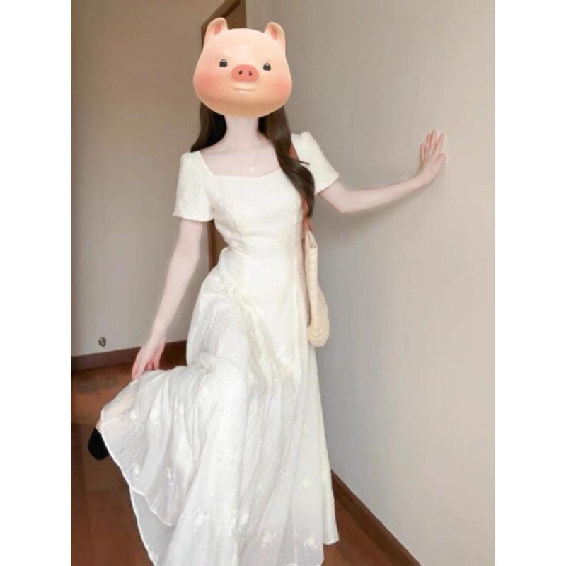 ワンピース レディース 夏 春夏 白色 Aライン ロングスカート 方領 短袖 高腰 切り替え 気質 通勤風 軽量 伸縮性 吸湿速乾 再生繊維 杏色 花柄 かわいい 女性用 トップス スカート ロングドレス 大きいサイズ 日常使い