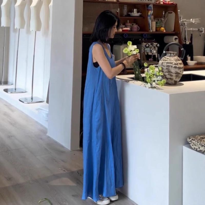 ワンピース 女性用 夏 無袖 ロングドレス ブルー 純色 Aライン 中長丈 ハイウエスト 方領 高腰 シンプル 気質 通勤 ビーチ リゾート 軽量 ポリエステル 接触冷感 吸湿速乾 伸縮性 日常使い 外出向け カジュアル 爽やか シルエット ゆったり｜LiLishop6