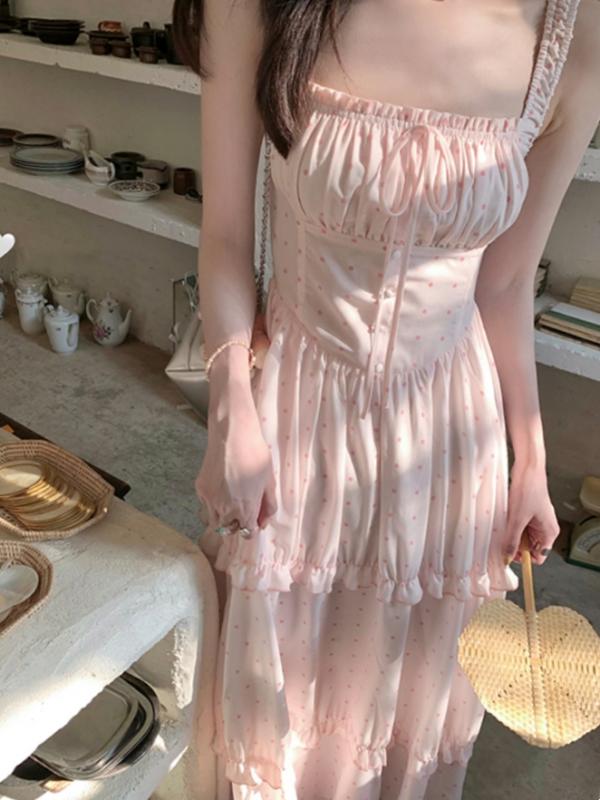 ワンピース 女性用 春夏 ピンク系 波点柄 吊り帯 ロング スカート 方領 七分袖 無袖 接触冷感 PVC 素材 軽量 伸縮性 吸湿速乾 かわいい 仙女風 気質 復古 スタイル 単品 通勤用 普段使い