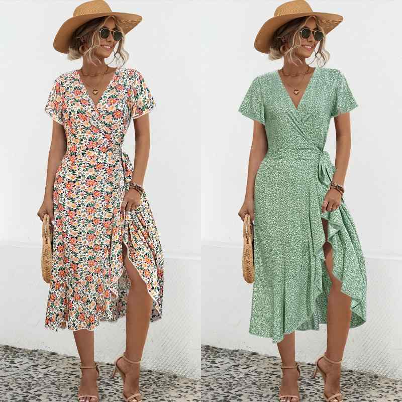 ワンピース 女性用 春夏 Vネック 荷葉辺 系帯 開・楷 小花柄 Aライン ロングスカート 短袖 ハイウエスト 切り替えデザイン ?綸素材 気質 通勤 普段使い 優雅 スタイル 軽量 伸縮性 ブラック レッド グリーン ピンク系