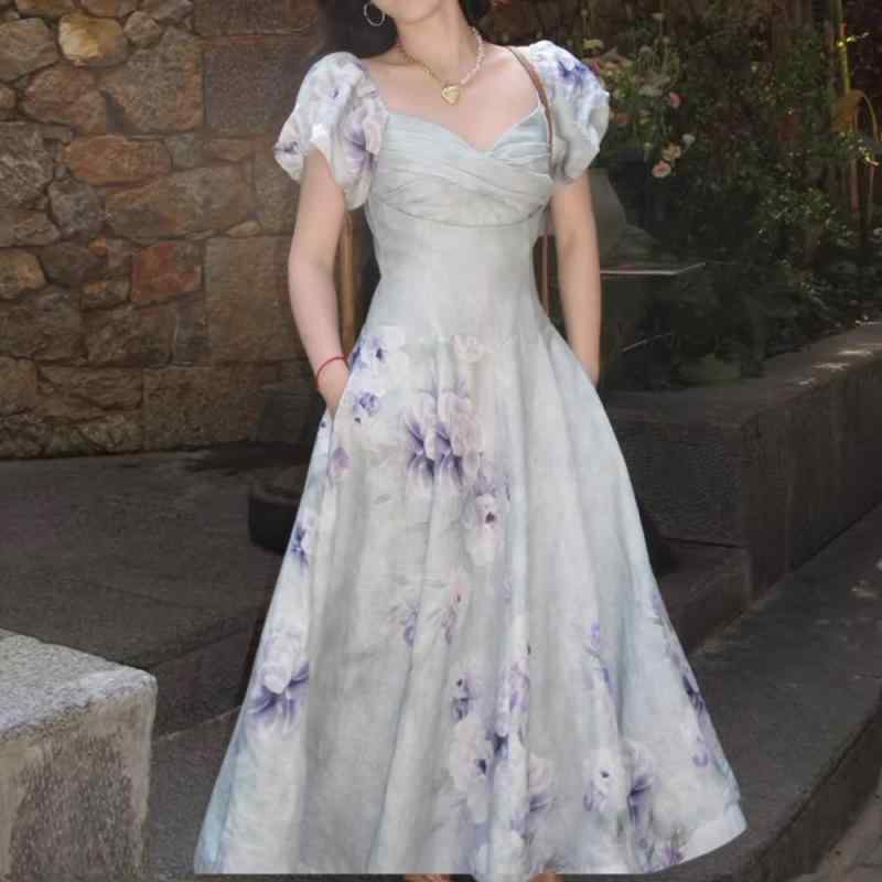 ワンピース ロングドレス フレアスカート Vネック 泡泡袖 ロングスリーブ ハイウエスト プリーツ 植物柄 花柄 フラワープリント 麻素材 軽量 通気性 吸湿性 夏向け 春夏 ブルーパープル ロマンチック フレンチスタイル 名媛風 カジュアル フェミニン|LiLishop6