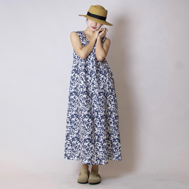 ワンピース 女性用 Vネック ノースリーブ 夏 春夏 麻 フラワー柄 印花加工 Aライン 中長丈 ゆったり腰回り セットオン プルオーバー 日韓カジュアル 休日 リゾート 気質 通勤 普段使い 百搭 軽量 通気性 吸湿速乾 花色 ピンク系 ブルー系 グリ