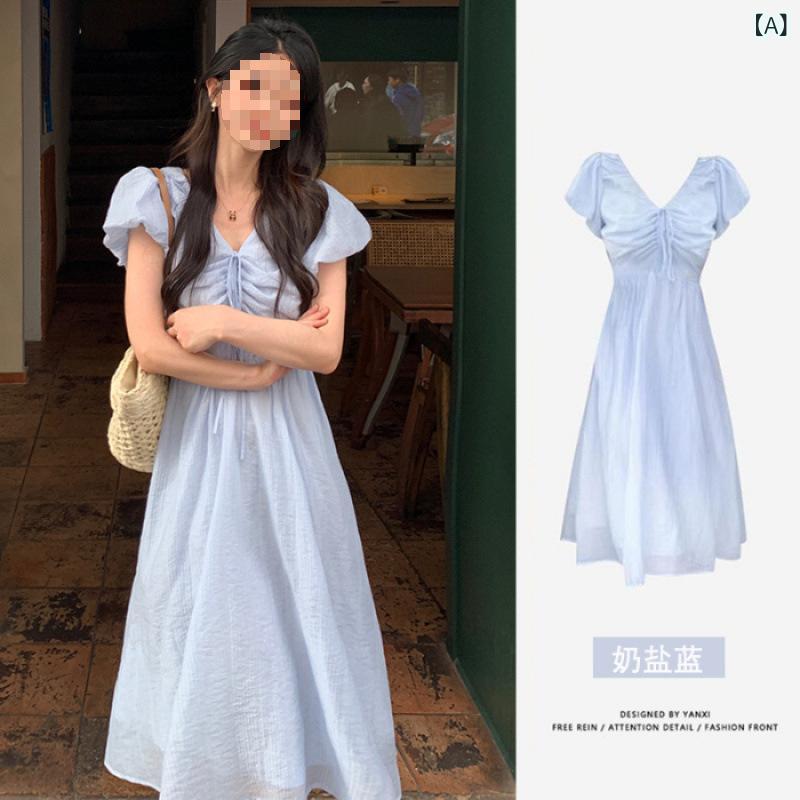 ワンピース 女性用 夏 フレンチ Vネック 泡泡袖 短袖 ハイウエスト 大きめフレア 仙女スカート 切り替え デザイン 気質 通勤 都市スタイル 優雅 セットアップ ポリエステル 素材 純色 ミッドレングス ミッドウエスト ドローストリング アクセント