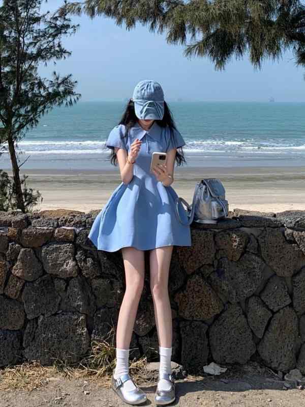 ワンピース 女性用 ポロ襟 Aライン フレア ミニスカート 夏 接触冷感 ポリエステル ナイロン 切り替え 泡袖 短袖 高腰 収腰 スリム 気質 ブルー ブラック 日韓 かわいい 清新 日常 デート 仕事 軽量 通勤 普段使い 宴会