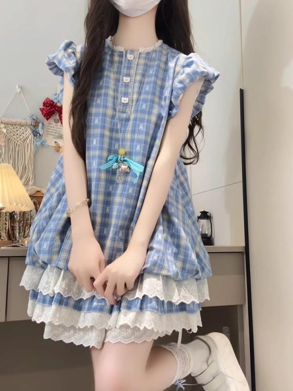 ワンピース 女性用 春夏 気質 通勤 プリンセス 短スカート ブルー チェック柄 泡泡袖 短袖 丸首 ゆったり腰回り ポリエステル 混紡 ジオメトリック柄 ビンテージ加工 ゆったりシルエット 軽量 吸湿速乾 かわいい コーディネート