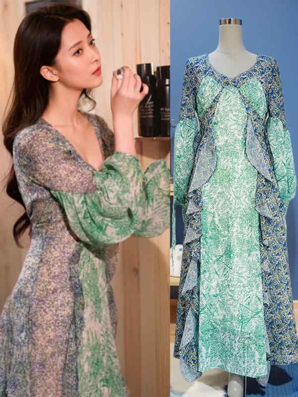 ワンピース レディース 春夏 緑 ブルー 碎花 Vネック 長袖 ハイウエスト Aライン ロング丈 雪? ポリエステル 接触冷感 軽量 通気性 立体プリント セクシー かわいい ビーチ リゾート 私服 フェミニン スタイル 普段使い デート 旅行 デイリー