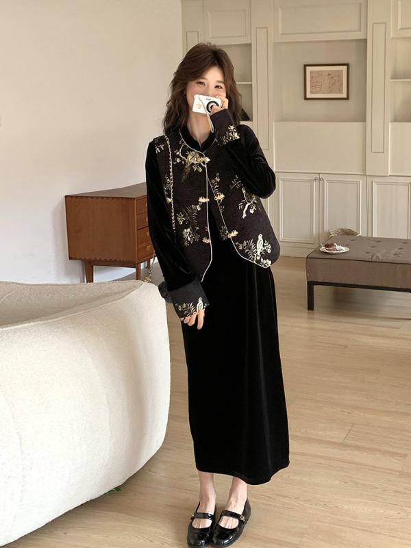 ワンピース セット 女性用 春夏 長袖 長丈 Aライン スカート 丸首 中腰 セットアップ コットン風 ポリエステル 混紡 生地 フラワー柄 刺繍加工 コントラストカラー ミディアム丈 ロングスリーブ ミディスカート ベージュカラー ブラック クラシック
