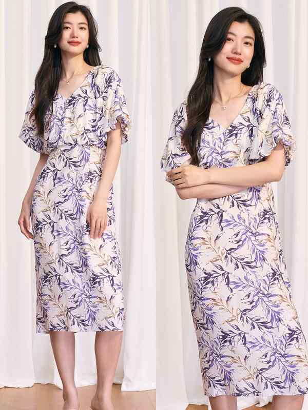 ワンピース 女性用 春夏 紫色 Vネック 泡泡袖 収腰 フレアスカート 花柄 プリント 植物モチーフ 気品 通勤 普段使い 優雅 スタイル 高腰 短袖 軽量 ポリエステル 接触冷感 吸湿速乾 通年対応