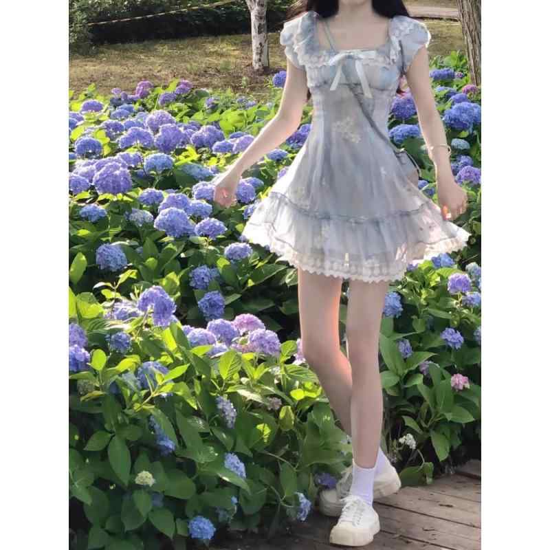 ワンピース 女性用 ミントブルー フレッシュフラワー プリント Aライン ミニスカート 吊り帯 ノースリーブ ハイウエスト ラウンドネック レース 蝶結び リボン デザイン かわいい 甘め 清楚 デート 初恋 スタイル 軽量 ?綿 混紡 素材 春夏 シー