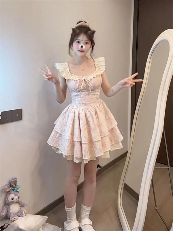 ワンピース 女性用 春夏 フレンチスタイル フラワープリント レース 切り替え ハイウエスト 短袖 短丈 プリンセスライン ピンク ブルー ポリエステル 軽量 吸湿速乾 かわいい ボヘミアン セットアップ 日常使い