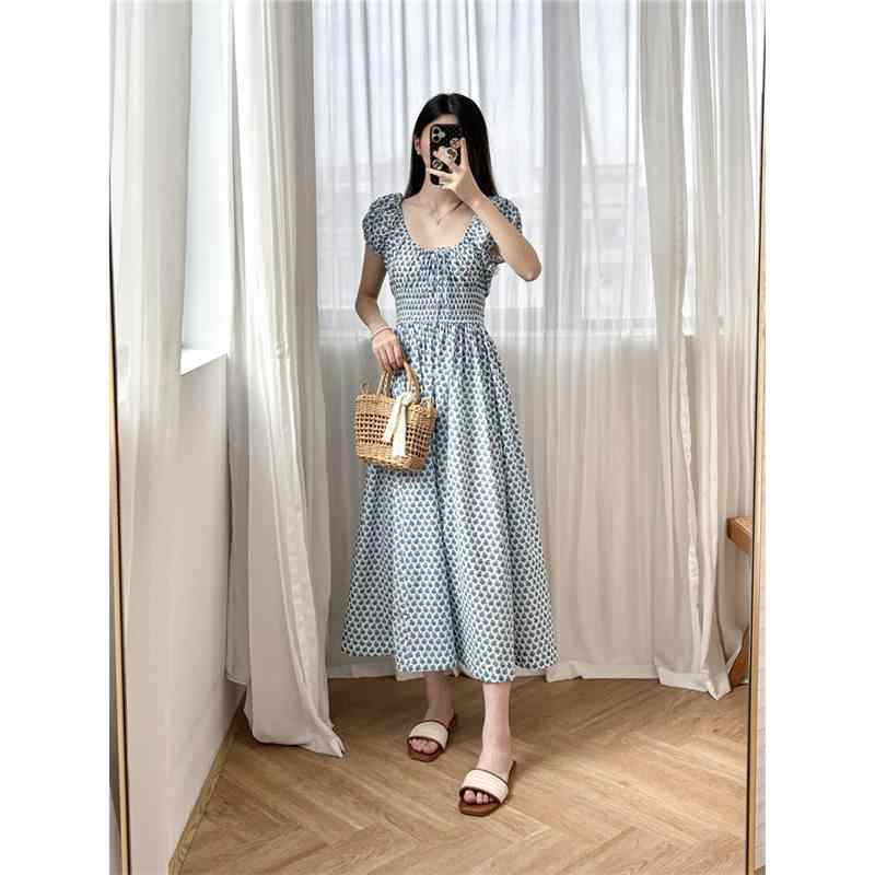 ワンピース 女性用 フレンチスタイル フラワープリント 気品デザイン 泡泡袖 スリム ウエストイン Aライン 中長丈 コットン素材 短袖 ハイウエスト 丸首 撞色 夏 かわいい 軽量 通勤 普段使い 春夏 レディースファッション