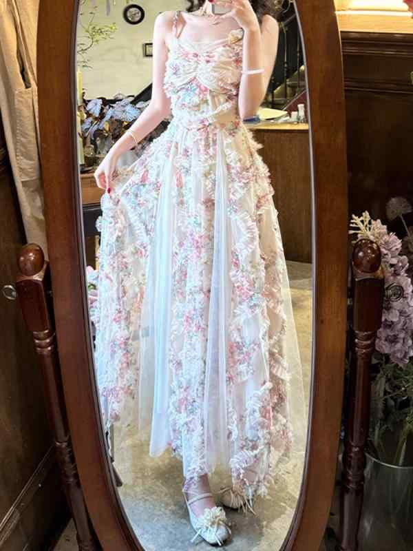 衣装 成人女性用 春夏 フレンチたまり場風 吊り帯 A伝達ルート ロング御召しもの 御花刷り上げる ワイドストラップ ご機嫌酉の方角 ネットヤーン 肌付き midi丈 修身影ぼうし 当たること冷感 吸湿速乾 ポリエステル スパンデックス ミルクティーカラー クリー