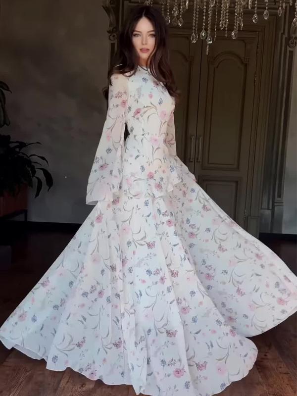 ワンピース 女性用 春夏 フレッシュ フラワープリント 長袖 Aライン ロングスカート コットンポリエステル ラウンドネック フレアスリーブ ミッドウエスト ドローストリング かわいい エレガント 軽量 吸湿速乾 花柄 白 普段使い 通勤