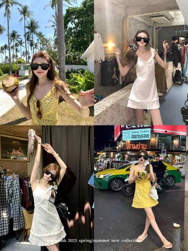 ワンピース 吊り紐 レース レイヤード 花柄 短め ドレス 女性用 無袖 Vネック ハイウエスト 接触冷感 再生繊維 ポリエステル 混紡 白 黄色 デイリー カジュアル 春夏 軽量 通勤 普段使い ビッグシルエット