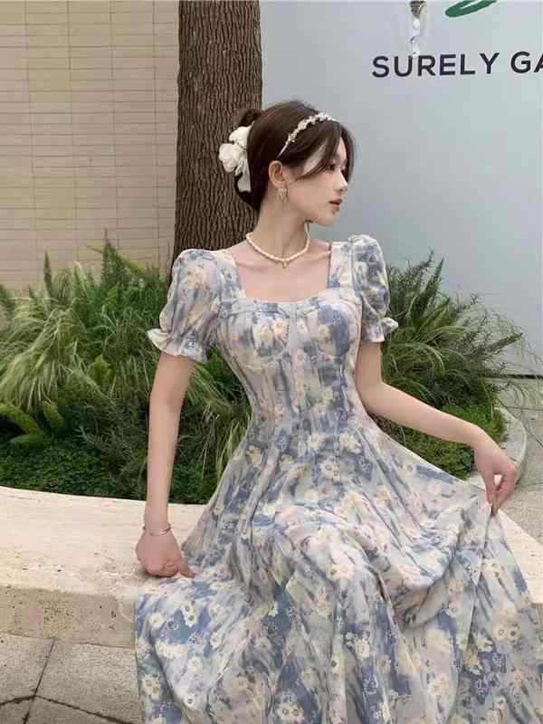 ワンピース 女性用 春夏 フレッシュフラワープリント スカート 方領 泡泡袖 高腰 Aライン 中長丈 ?? ポリエステル 素材 軽量 通気性 良い フレッシュ かわいい プリンセススタイル 立体装飾 切り替え デザイン 短袖 セットオン ネックライン ハ