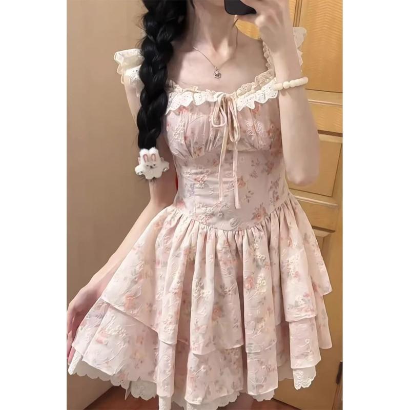 ワンピース レディース かわいい フラワー柄 フレンチ スタイル 短袖 プチスリーブ ウエスト シェイプ スリム 効果 フレア スカート プリンセス 風 夏 ピンク ブルー ポリエステル 接触冷感 軽量 吸湿速乾 切り替え デザイン 仙女 スカート 短め