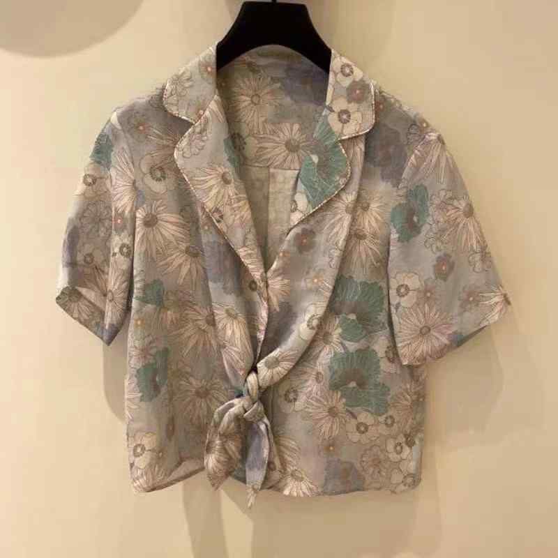 レディース シャツ トップス ブルー 短袖 翻領 系帯 デイジー柄 印花 粘膠繊維 再生繊維 95% 通勤 気質 淑女 スタイル 気品 女性 普段使い オフィス セットアップ なし 単品 軽やか 涼しい 素材 花柄 デザイン クラシック 袖 スタイル セ
