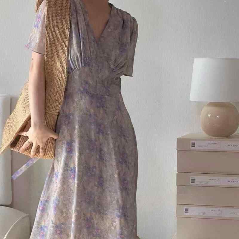 ワンピース レディース 春夏 Vネック 短袖 Aライン 長丈 ハイウエスト フラワー柄 ブルー ポリエステル 気質 通勤風 普段使い 軽量 かわいい 女性用 トップス スカート 切り替え フレアシルエット 花柄 コットン風 吸湿速乾 ゆったり フェミニン
