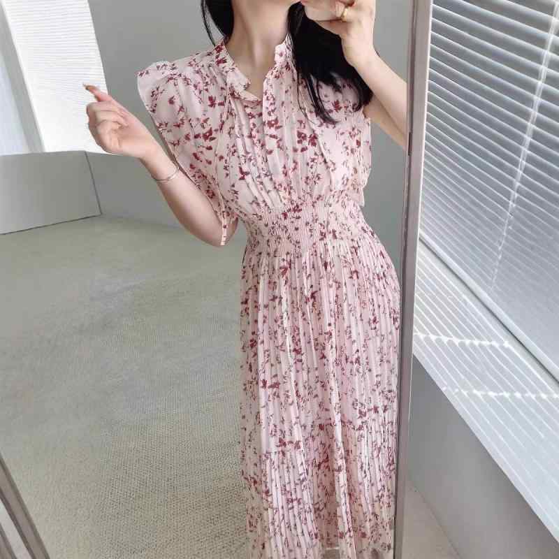 ワンピース レディース 春夏 かわいい 甘め フレアスリーブ 花柄 紐付き コットン混 ポリエステル ストレッチ ハイウエスト プリーツ ミドル丈 シフォン素材 軽量 通気性 ピンク ラベンダー スタンドカラー シングルボタン 無袖 フレアスカート 甘い
