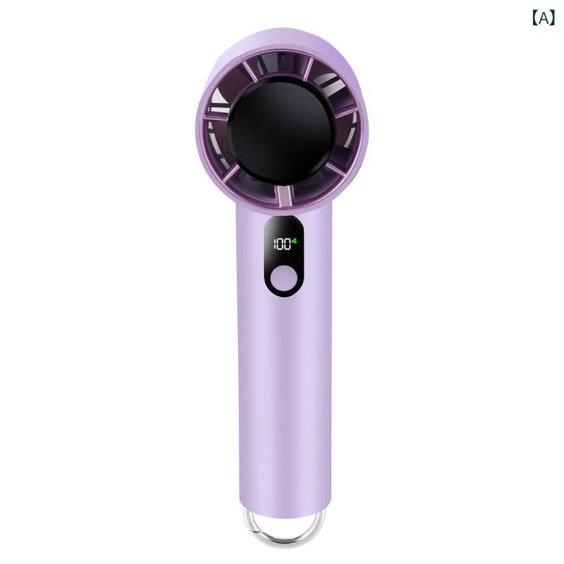 手持ち扇 ミニ ポータブル 充電式 USB 冷却 接触冷感 氷敷 機能 登山 フック 数値表示 無刷モーター ABS 素材 軽量 2000mAh バッテリー 低騒音 36dB 紫色 グレー ホワイト 3-6時間 持続 6枚 扇葉 100段階 風速 調整