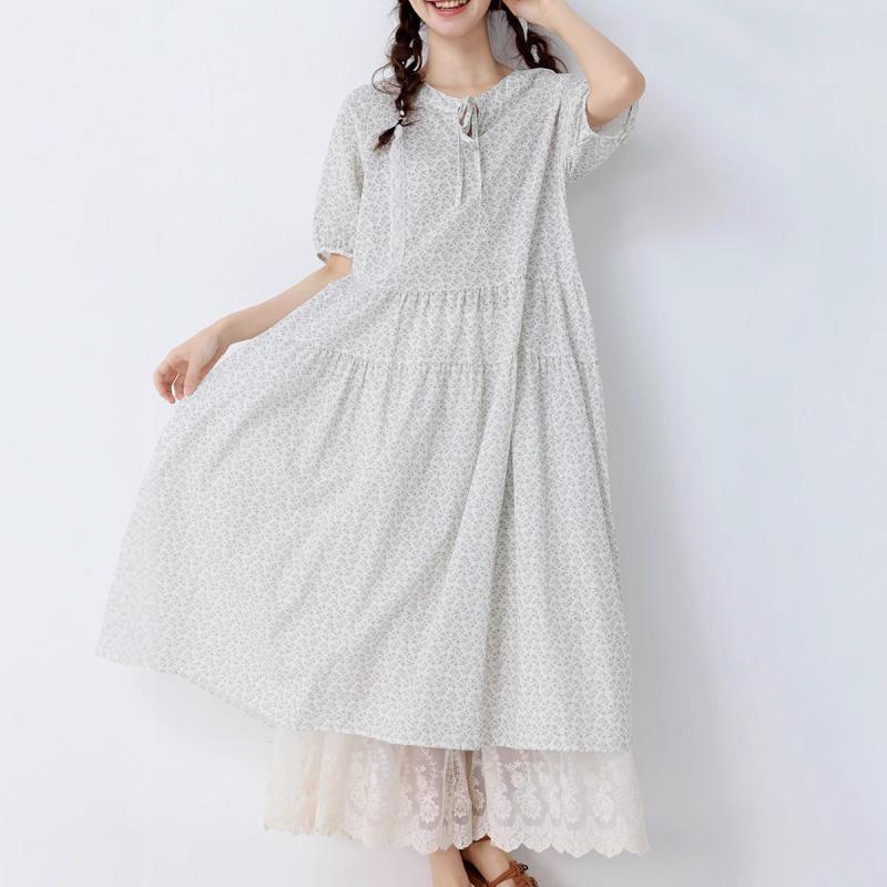 ワンピース 女性用 春夏 かわいい 甘め 綿麻 素材 接触冷感 短袖 丸首 Aライン ロング丈 フラワー柄 プリント ゆったり ビッグサイズ ブルー 赤 花柄 軽量 吸湿速乾 通勤 普段使い デート インナー不要 シンプル フェミニン ガーリー ソフト