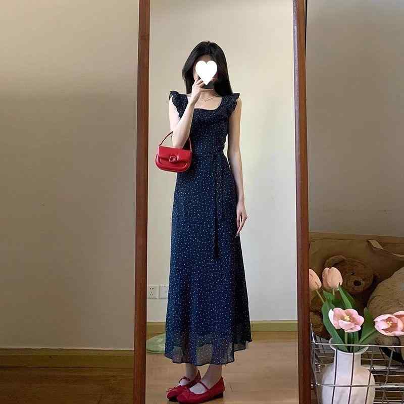 ワンピース レディース 春夏 吊り帯 中長丈 フレンチスタイル ウエスト切り替え ブルー 波点 花柄 シフォン ナイロン素材 軽量 通気性 街頭ファッション かわいい スリムシルエット 女性用 ティーパーティー向き フレアスカート 肩出しデザイン