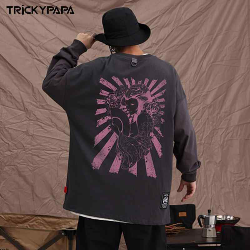 Tシャツ メンズ 長袖 丸首 ゆったり ヒップホップ スタイル ・柑通 プリント コットン 素材 透気性 秋冬 シーズン カジュアル 普段使い 落肩 袖 トップス レイヤード アイテム ブラック グレー グリーン ネイビー ホワイト カラー