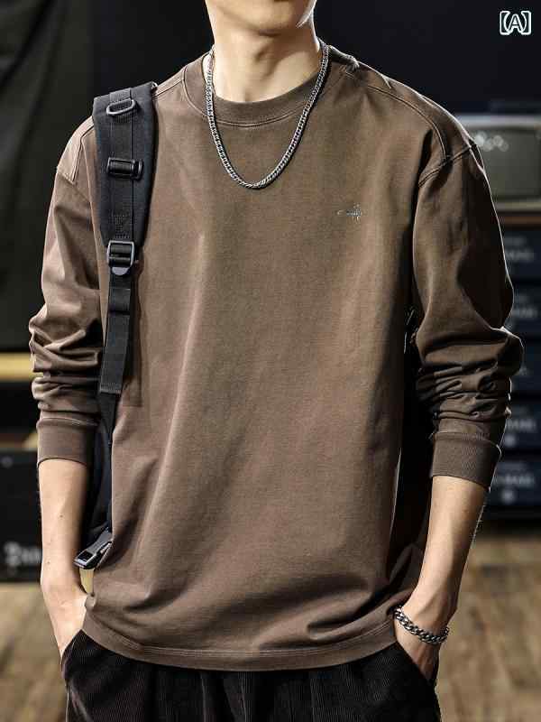 長袖 Tシャツ メンズ 秋 コットン100% 丸首 ルーズフィット 落肩袖 印花 幾何柄 街スタイル 日常 耐磨 免? コーヒー オリーブグリーン ビンテージ ベースレイヤー