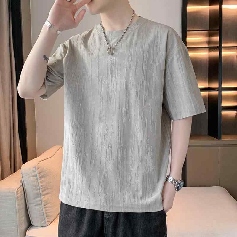Tシャツ メンズ 夏 薄手 接触冷感 潮っぽい ゆったり 提花 ラウンドネック 半袖 上着 男性用 トップス 純色 ワイドシルエット 無帽 セットインスリーブ 透気性 吸湿速乾 杏色 グレー ブラック ラグジュアリー ファッション 日常使い カジュアル