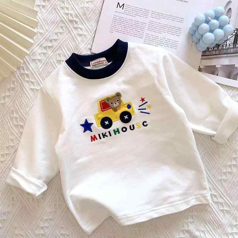 男児 長袖 Tシャツ トップス インナー ベビー 子供服 かわいい カードット柄 車柄 コットン 綿素材 白色 ホワイト 丸首 ラウンドネック ゆったり 快適 伸縮性 普段使い 室内着 春 春夏 1歳 2歳 3歳 80cm 90cm 100cm 110c
