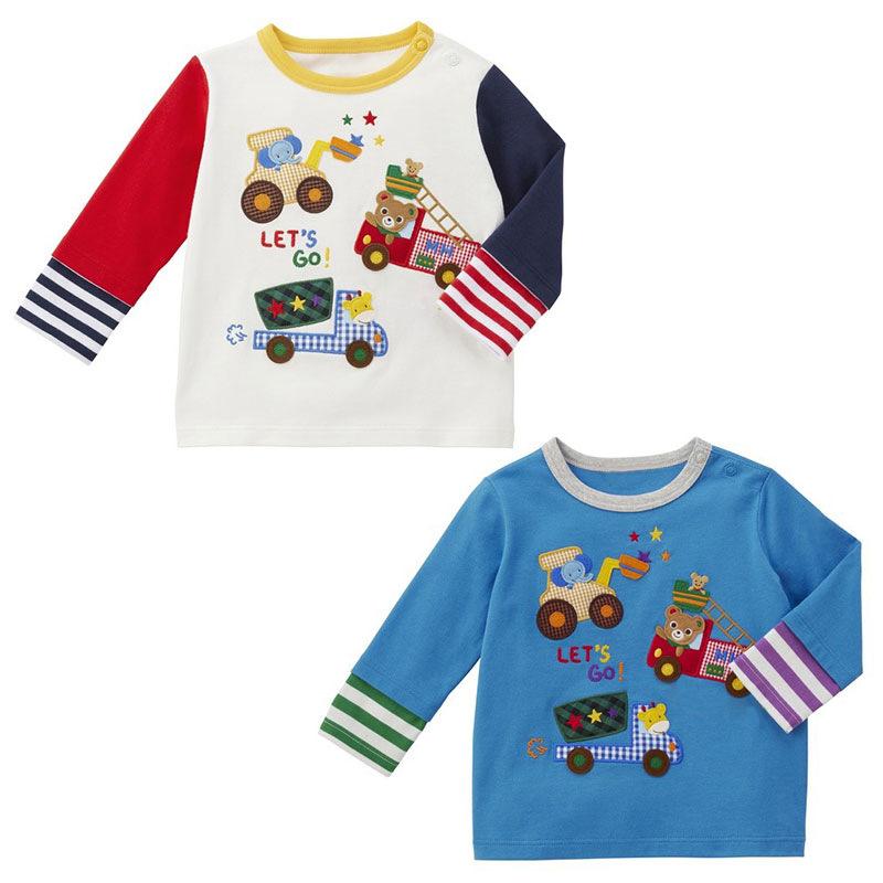 キッズTシャツ 男女児 長袖 トップス 丸首 綿素材 柔軟 接触冷感 切り替えデザイン クマ 工事車 プリント 秋春夏 春夏秋 日常 部屋着 遊び着 吸湿速乾 軽量 かわいい カジュアル