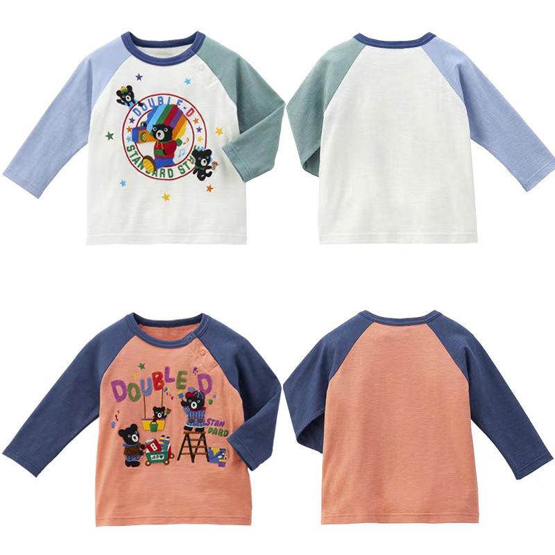 キッズ Tシャツ 長袖 男女兼用 日式 かわいい黒熊 粉刷匠 プリント 切り替え 上衣 コットン 柔軟 綿95% 丸首 3-8歳 中小児 100-140cm 100-130cm 対応 白色 橘色 春夏秋 柔らかい肌触り 日常着 室内外 遊び着 伸縮性 吸