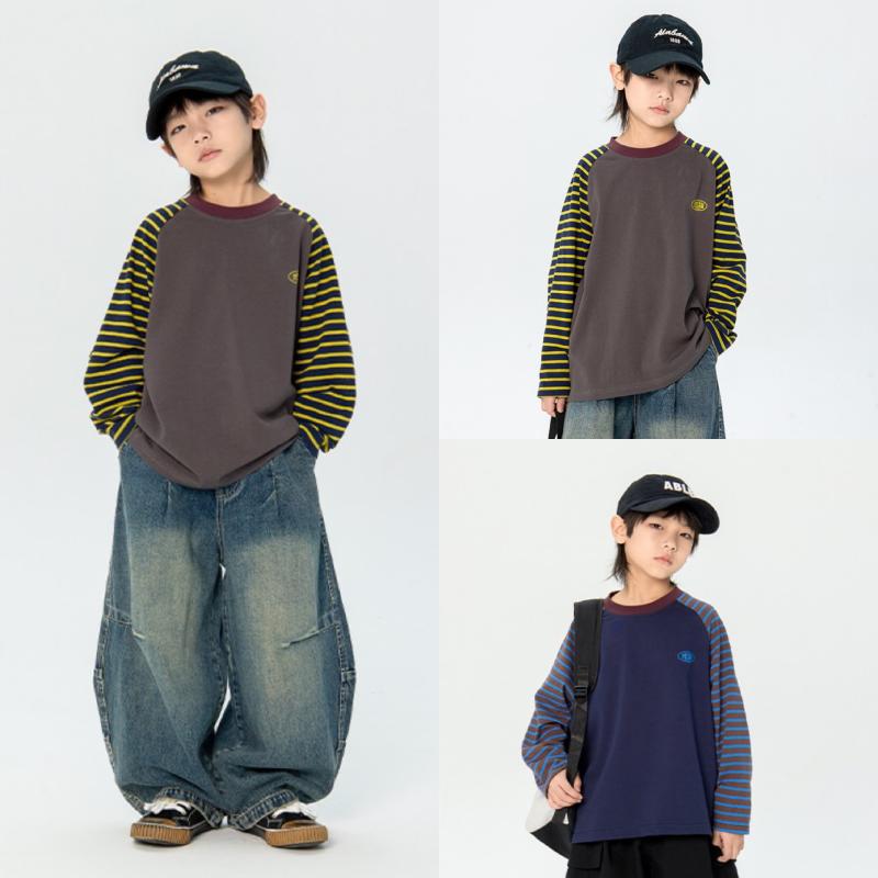 キッズ 男の子 中小童 長袖 Tシャツ トップス 条紋 丸首 韓版 潮流 コットン100 吸湿排汗 柔軟 春秋 秋 グレー ネイビー 日常着 軽量 伸縮性 100-160cm