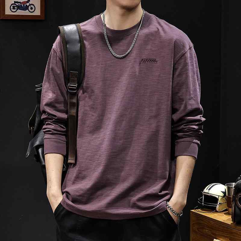 長袖 Tシャツ メンズ 竹節綿 100% コットン トップス インナー 春秋 秋冬 春夏 ゆったりシルエット ラウンドネック セットアップ 刺繍 立体裁剪 洗い加工 ユニセックス レイヤード 普段使い 街着 ライトウェイト 吸湿速乾 ブラック ホワイト