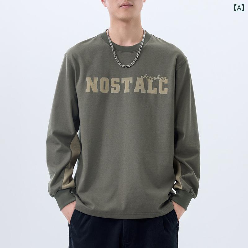 長袖Tシャツ メンズ 春秋 ゆったり トップス 全棉 綿100% プリント ロゴ柄 吸湿速乾 透気性 グレー系 グリーン系 ブラック 厚手 280g カジュアル ストリートファッション 青年向け ラウンドネック セットインスリーブ