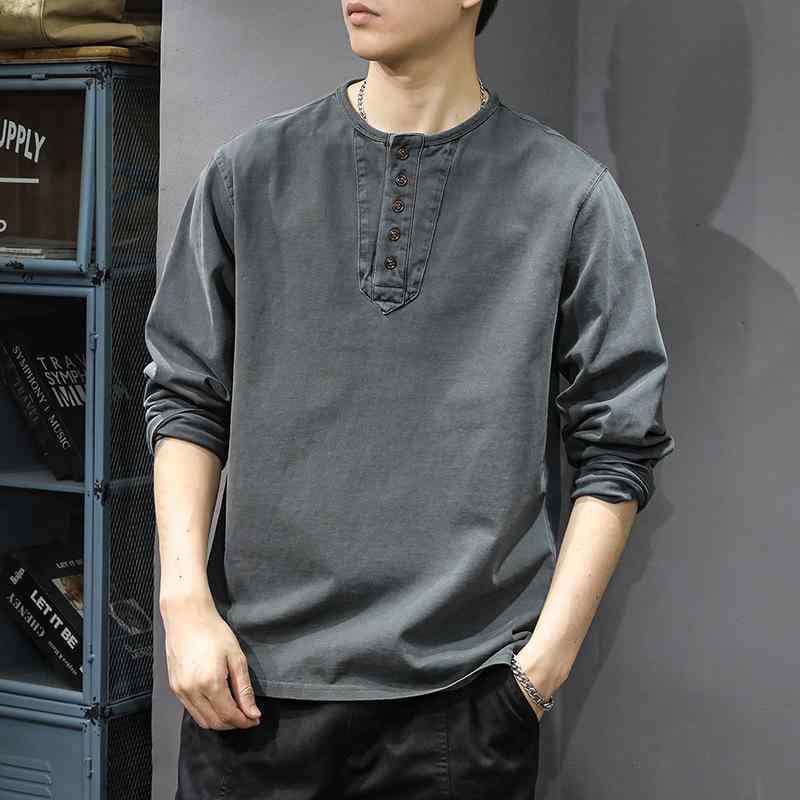 メンズ 長袖 Tシャツ トップス コットン 100% 純棉 ゆったり ルーズフィット 薄手 秋冬 炭灰色 モカブラウン 透気性 日常 普段使い 都市 カジュアル 立体裁剪 ボタン 装飾 セットアップ ベースレイヤー ヘンリーネック ラウンドネック クルー