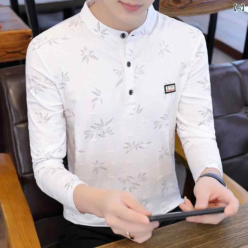 メンズ Tシャツ 立襟 長袖 プリント コットン 修身 フィット トップス 綿素材 透気性 春秋 春夏 秋冬 白色 ・柑其色 ピンク ブラック カジュアル 普段使い 青少年 男性用 ゆったり 吸湿速乾 軽量 伸縮性