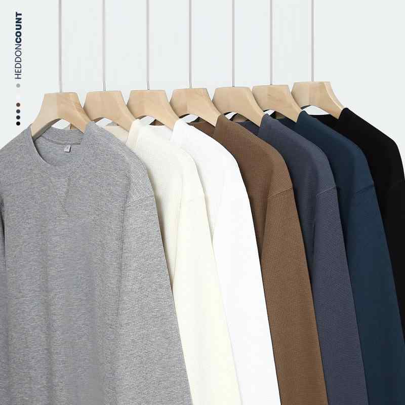 メンズ 長袖 Tシャツ トップス 丸首 セットイン ワイドシルエット ルーズフィット ベーシック ソリッドカラー コットン ワッフル 素材 吸湿速乾 透気性 落ち肩 袖 春 秋 シーズン 休日 ユース カジュアル スタイル 日常使い 都市 ファッション