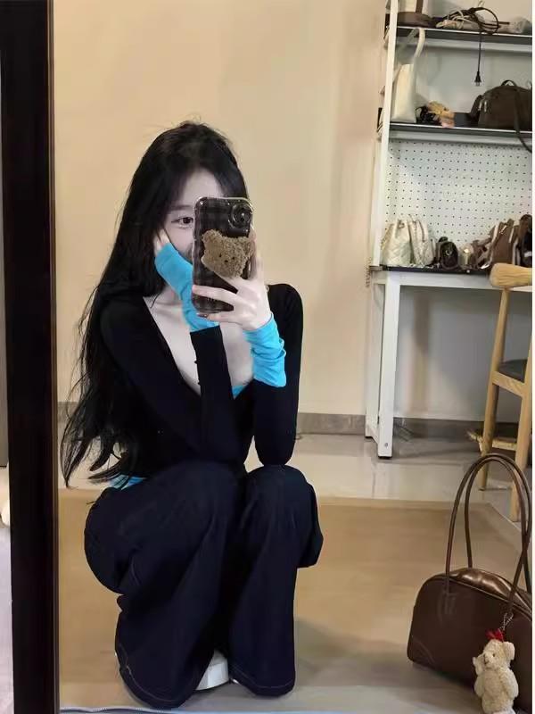 レディース 長袖 Tシャツ トップス コットン 綿 スパンデックス 伸縮性 切り替え デザイン Vネック 修身 スリムフィット 気質 通勤風 ブラック 黒 通勤用 普段使い 春夏 シーズン インナー 上着 セットアップ 風 偽ツーピース 撞色 コントラス